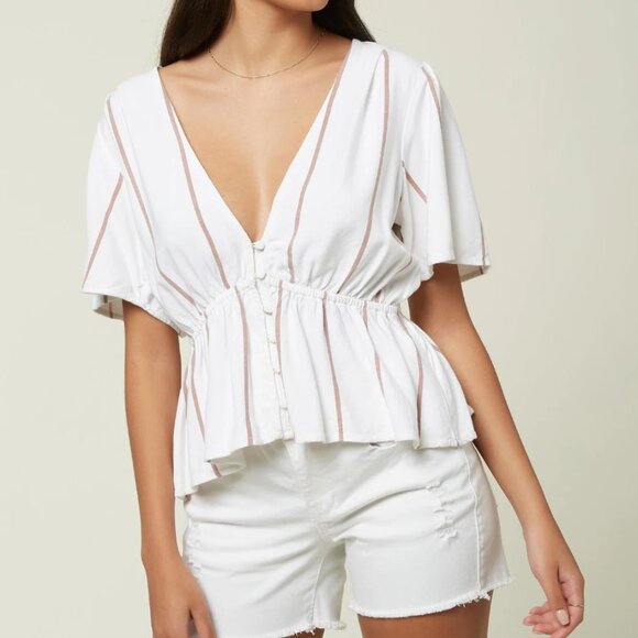 Wes White Striped Button-Up Short Sleeve Top - Picture 1 of 13